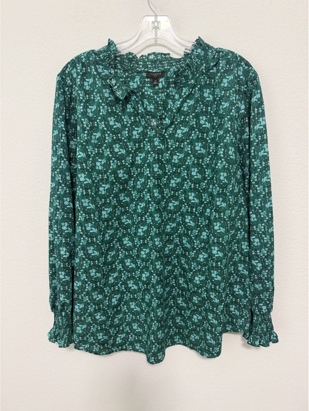 Talbots Long Sleeve Ruffled V-Neck Silver Stripe CreenTone Floral Blouse Size 1X